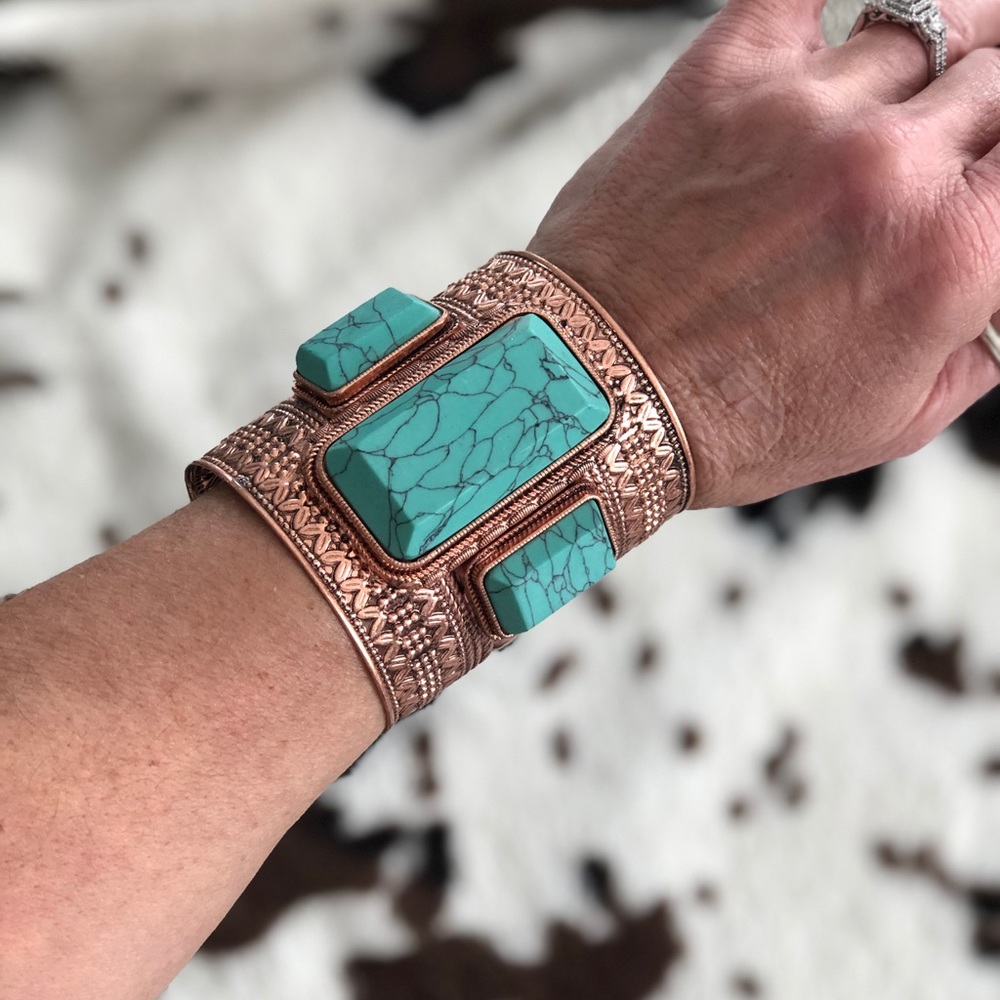 Big BOLD copper cuff with faux turquoise stones